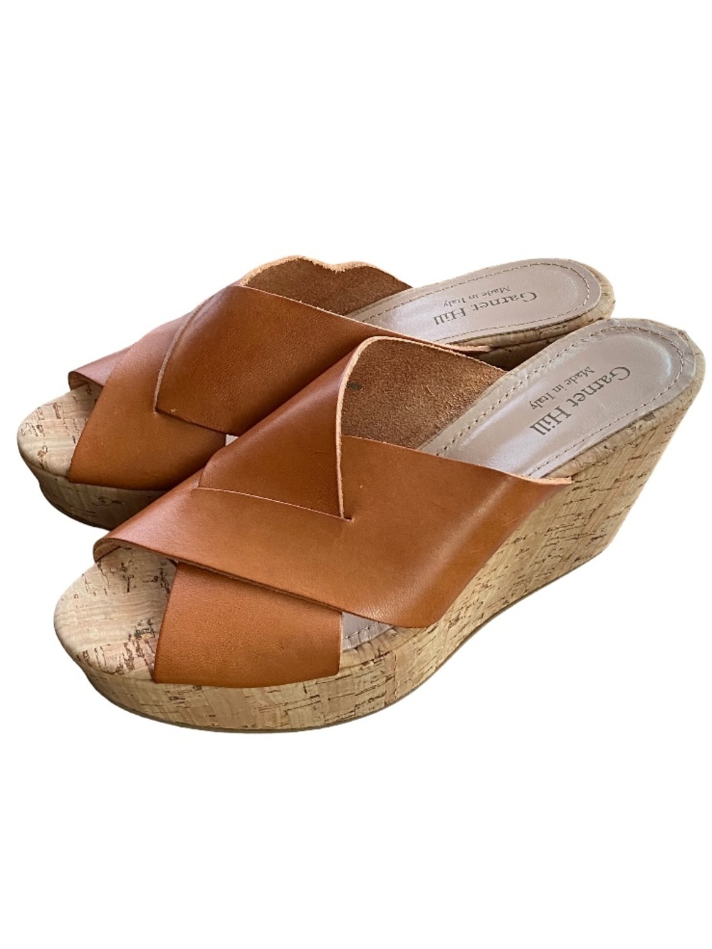 Garnet Hill tan leather Italian cork wedge platform crossover sandals size 8